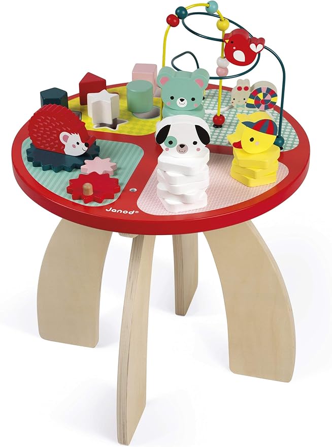 Janod - Baby Forest Wooden Activity Table 23.2" Tall - Assembling Table for Children's Activities - Vibrant Colors - Multi-Activity Play, Develops Dexterity, French Design