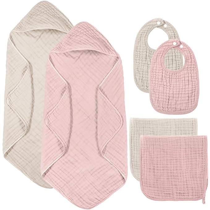 Hahafelt 6 Pcs Muslin Hooded Bath Towels Washcloths and Bibs Set, Muslin Cotton Baby Towels Absorbent Hooded Blanket Towel Infant Bibs for Boys Girls Newborn Infant Essentials(Light Green,Light Gray)