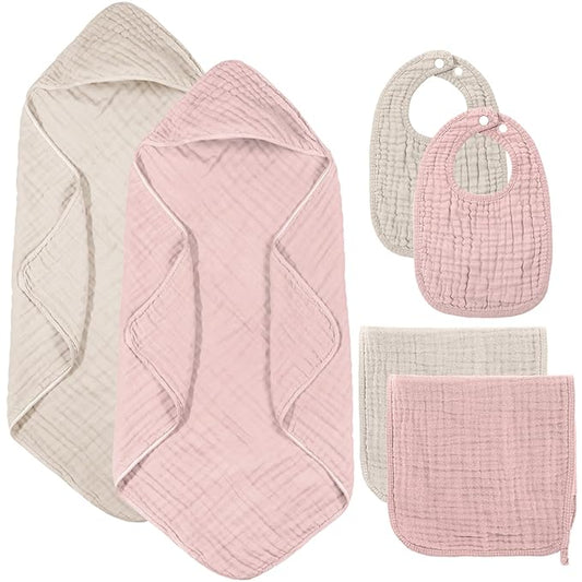 Hahafelt 6 Pcs Muslin Hooded Bath Towels Washcloths and Bibs Set, Muslin Cotton Baby Towels Absorbent Hooded Blanket Towel Infant Bibs for Boys Girls Newborn Infant Essentials(Light Green,Light Gray)