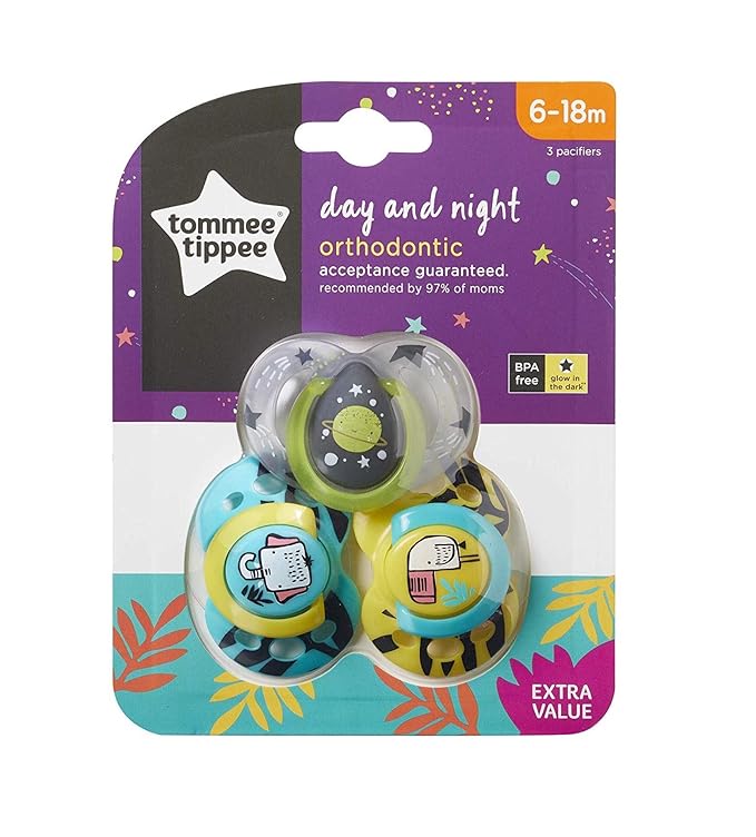 Tommee Tippee Day and Night Pacifier, 18-36 Months, Symmetrical Baglet, BPA-Free Binkies, Colors and Designs May Vary, Pack of 3
