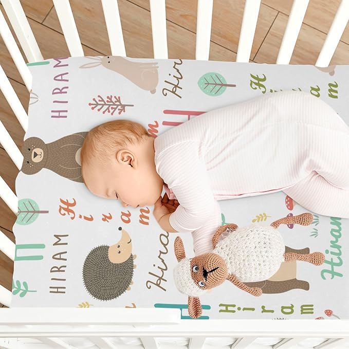Personalized Name Mini Crib Sheet for Baby Girls Boys - Customized Monogram Pack and Play Sheets, Multiuse Sheet for Pack & Play, Playard, Playpen, Mini Crib Mattress - Cute Animal