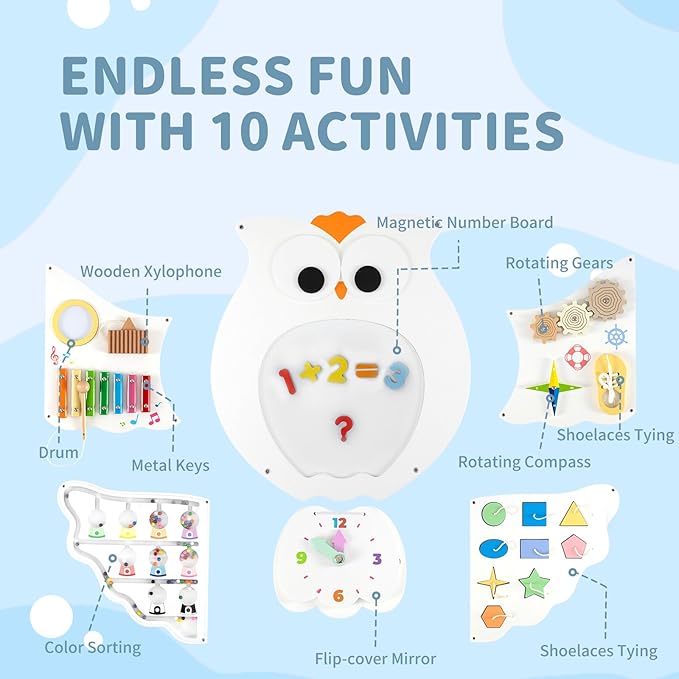 HONEY JOY Owl Activity Wall Busy Board Panels, Wooden Sensory Wall Panel for Kids, Toddler Learning Activity Center, Ideal for Playroom Daycare Nursery Classroom Dentist Office (White)