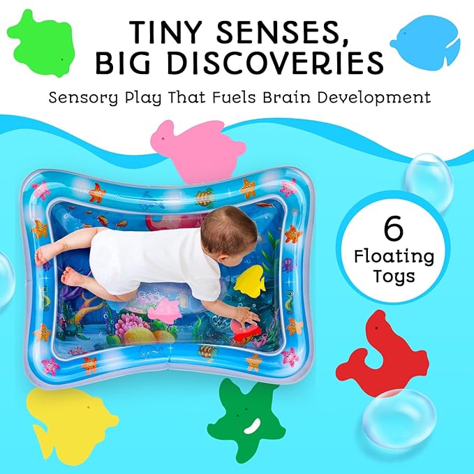 Tummy Time Water Mat – Inflatable Water Play Pad for Babies - Sensory Tummy Time Mat for Floor Play - 100% BPA-Free & Leakproof - Baby, Infants 3-12 Months – PAC3 - Blue - Avec Maman