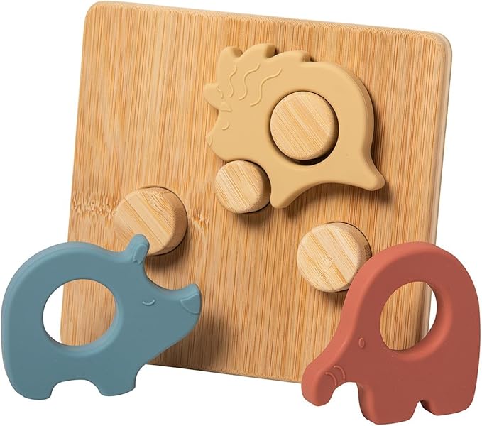 Mary Meyer Baby and Toddler Toys Simply Silicone Sorting Puzzle with Bamboo Base for 12+ Months Old Preschool Gifts, 7 x 6-Inches, Safari Animals