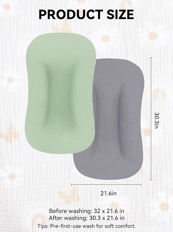 TILLYOU Muslin Baby Lounger Cover, 100% Cotton Newborn Lounger Cover, 2 Pack Baby Nest Slipcover for Boys Girls, Cover Only, Grey and Saga