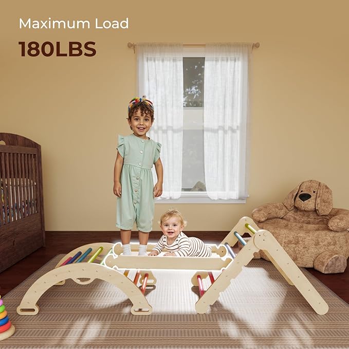 LINKHOO Pikler Triangle Set of 3, Wooden Montessori Climbing Set for Toddlers Ages 2-6, Indoor Jungle Gyms with Arch, Ramp and Ladder, Rainbow