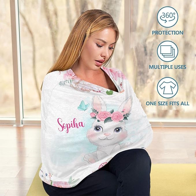 Personalized Baby Car Seat Covers with Name, Custom Nursing Cover Breastfeeding for Babies, Carseat Canopy for Girls, Infant Stroller Cover for Winter, Breathable Carseats Cover (Cute Rabbit)