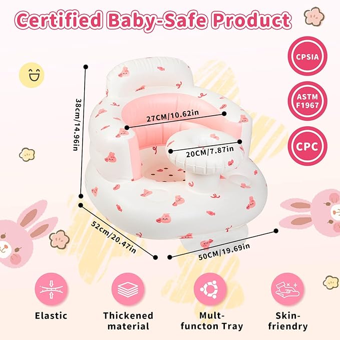 Inflatable Baby Seat for Infans for Sitting Up,Baby Chair Sit Me Up with Tray and Back Support,Learning to Sit for 4-36 Months,Includes Built-in Air Pump(Pink Bunny)