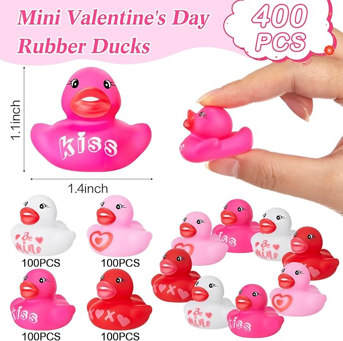 MiniInflat 200 Pcs Valentines Day Rubber Ducks Assorted Rubber Duckies Bulk Mini Pool Toy Ducks for Party Favors Classroom Exchange Gifts