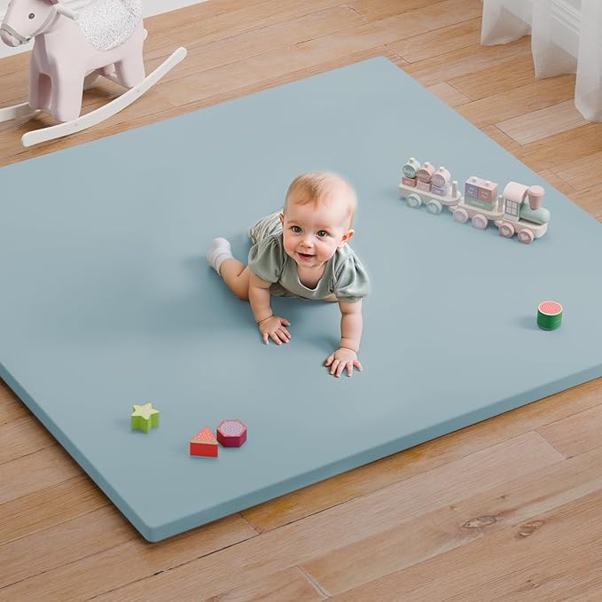 comehealthy Baby Play Mat for Floor, 50x50 Vegan Leather Playpen Mat, Thickened Foam Cushioned Mat for Infants and Toddlers, Waterproof, Non-Slip & Stylish Playmat for Babies, Easy to Clean, Blue