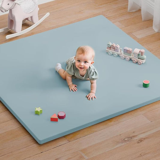comehealthy Baby Play Mat for Floor, 50x50 Vegan Leather Playpen Mat, Thickened Foam Cushioned Mat for Infants and Toddlers, Waterproof, Non-Slip & Stylish Playmat for Babies, Easy to Clean, Blue