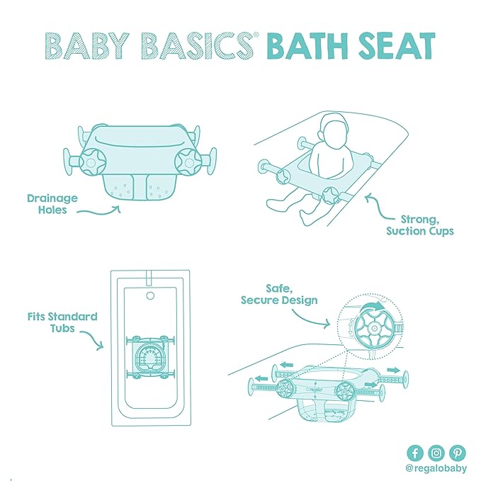 Regalo Baby Basics Baby Bath Seat with Suction Cups, Sit-Up Bath Support for Infants, Secure Baby Bath Chair for Bathtub, Easy Clean with Drain Holes, Fits Standard Tubs, White