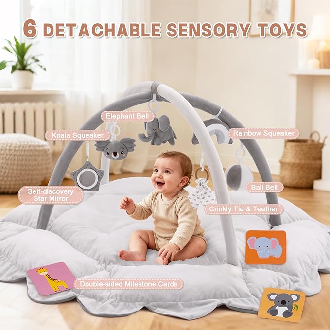 5-in-1 Baby Activity Gym & Play Mat with 6 Hanging Toys, Tummy Time Mat & Cards - Extra Large, Reversible Machine Washable Pad - Gift for Newborns, Infants 0-12 Months, Grey