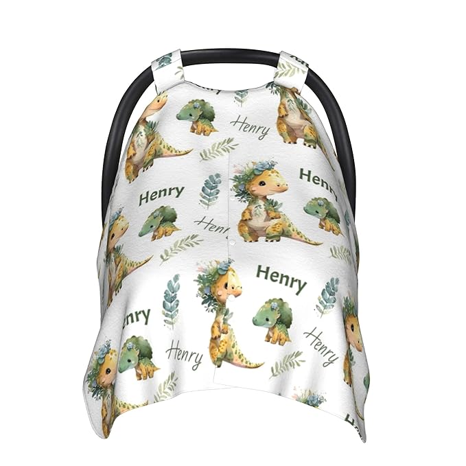 Personalized Winter Carseat Cover for Baby Custom Name Dino Car Seat Canopy for Newborn Baby Boys Girls 2 in 1 Mom Nursing Breastfeeding Covers Dinosaur Minky Baby Carrier Stroller Covers