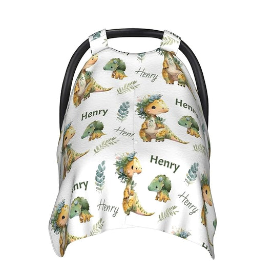 Personalized Winter Carseat Cover for Baby Custom Name Dino Car Seat Canopy for Newborn Baby Boys Girls 2 in 1 Mom Nursing Breastfeeding Covers Dinosaur Minky Baby Carrier Stroller Covers