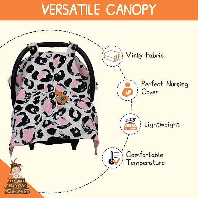 Dear Baby Gear Car Seat Canopy, Pink and Black Cheetah Print on White, Lightweight Double Layer