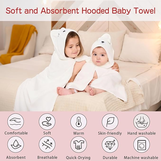 Hooded Baby Towel Set, 32x32 Inch Absorbent Bath Towels, 4 PCS Soft Hooded Towels, Perfect for Newborns, Toddlers, Babies, Essential Baby Bath Accessories (Pink + Blue + White + Yellow)