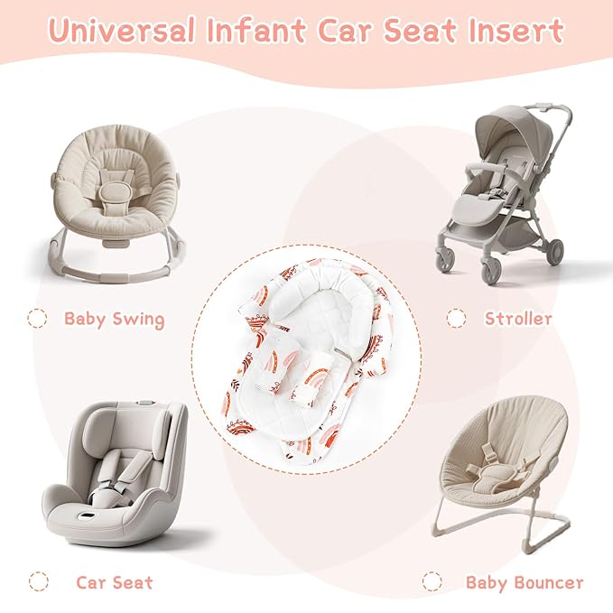 Baby Car Seat Head Body Support & Strap Covers, 2 in 1 Infant Car Seat Insert, Reversible Soft Breathable Newborn Cushion Pads for Preemie, Perfect for Baby Carseats, Strollers, Swings (Rainbow)