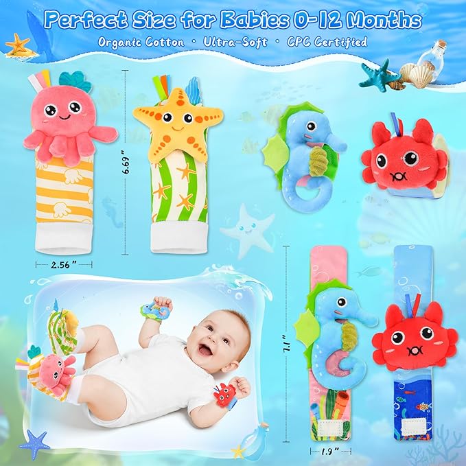 Baby Wrist Rattle Foot Finder Socks Set, CPC Safe Sensory Plush Toys for 0-12 Months Newborn Boys Girls, Ocean Rattles Baby Shower Registry Gift for Expecting Moms Essentials