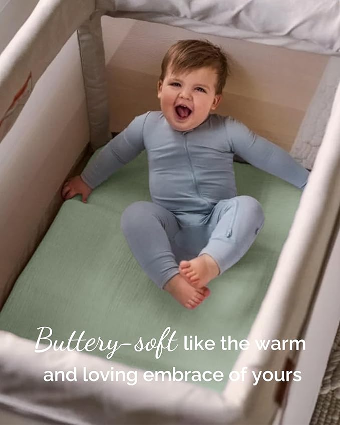 Pack and Play Sheets Fitted – Compatible with 4moms Breeze Plus Playard and Other Large Playpen Mattress – Buttery Soft Jersey Playard Sheets, Blue Sage Cloud, 3 Pack