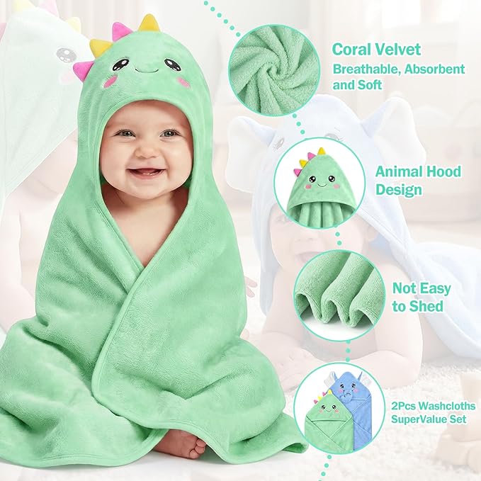2 Pack Hooded Baby Towels for Newborn, Coral Fleece Baby Bath Towel for Newborn Infant Toddler, Ultra Soft & Lightweight Baby Bath Towels Baby Bath Essentials