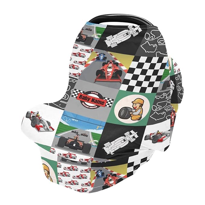 Personalized Baby Car Seat Cover for Babies, Custom Name Baby Car Seats Canopy for Boys Girls, Nursing Breastfeeding Stroller Covers for Infant Newborn, Shower Gift for Baby (Race Car)