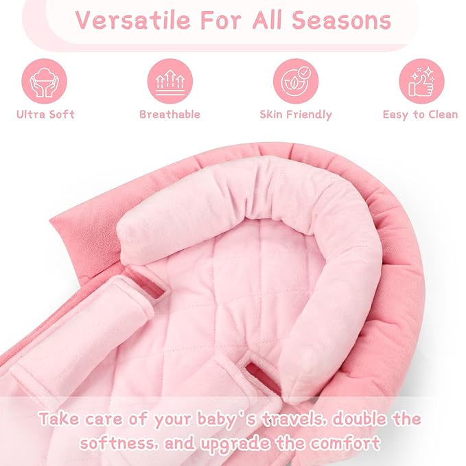 Pea Pod Baby Car Seat Head Body Support & Strap Covers, 2 in 1 Infant Car Seat Insert, Reversible Soft Breathable Newborn Cushion Pads for Preemie, Perfect for Baby Carseats, Strollers, Swings (Pink)