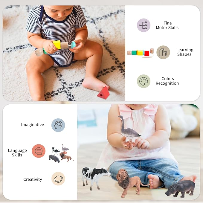 Montessori Toys for 1 2 Year Old, 9 in 1 Wooden Toddler Educational Set, Includes Lock Box, Puzzle, Color Sorting Board, Lacing Beads, Shape Sorter & Animal Figures, Gift for 19-24 Months Boy & Girl