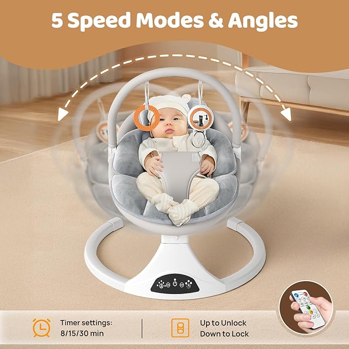 Electric Baby Swing with Remote Control - 5 Natural Motion Speeds, Detachable Seat Pad | Portable Infant Swing for Indoor/Outdoor Use (0-6M, 20lbs) (Gray)