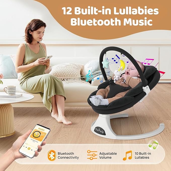 Electric Baby Swing with Remote Control - 5 Natural Motion Speeds, Detachable Seat Pad | Portable Infant Swing for Indoor/Outdoor Use (0-6M, 20lbs) (Black)