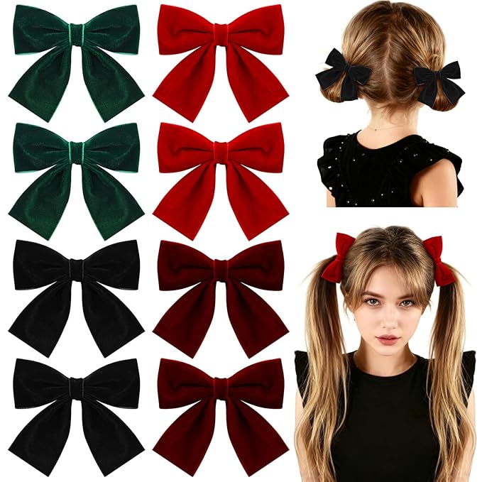 8 Pcs Velvet Hair Bows for Girls, 4" Christmas Hair Bows with Alligator Clips Christmas Bow Hair Accessories Stocking Stuffers for Girls Toddler Kids