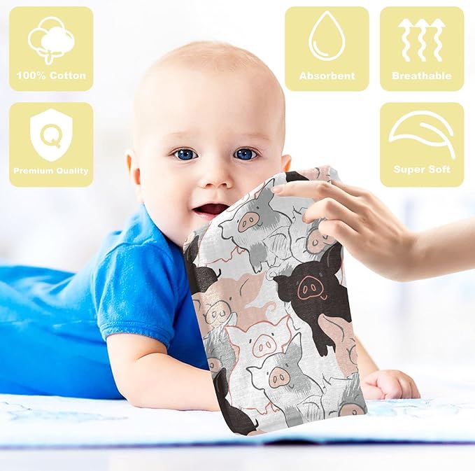 Baby Washcloths Cotton Ink Pigs Baby Muslin Washcloths Piglets Soft Baby Face Towel for Newborn Infants Baby Wipes, 11.8 X 11.8 Inch, 5 Pack