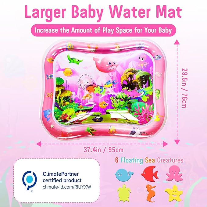 Baby Water Mat Large 37.4"x29.9", Safe Inflatable Tummy Time Water Play Mat for Infants & Toddlers with Climate Pledge Friendly, Newborn Sensory Water Pad for Christmas Gift (Pink)