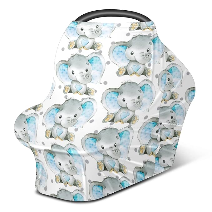 FCZ Baby Car Seat & Stroller Covers - Elephant Jungle Nursing Cover - Breathable Cotton - White/Blue - Not Water Resistant