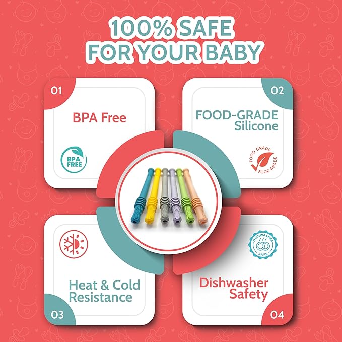 Bebecan Teething Sticks for Babies 36+ Months – Super Soft Silicone Teething Aids, Infant Oral Soothing Relief Back Molars, Multicolor 6-Pack
