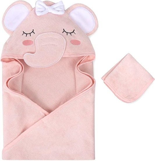 Baby Animal Hooded Towel and Washcloth Set for Newborns, Infants, Toddlers Boys and Girls 3-24 Months (Delicate Pink Elephant)