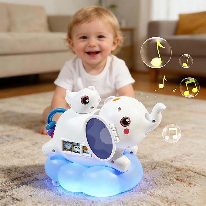 Baby Elephant Musical Crawling Toy with Lights, Sounds, Blowing Ball, Infant Sensory Toys, Birthday Gifts for Kids Boy Girl 3 4 5 6 7 8 Years