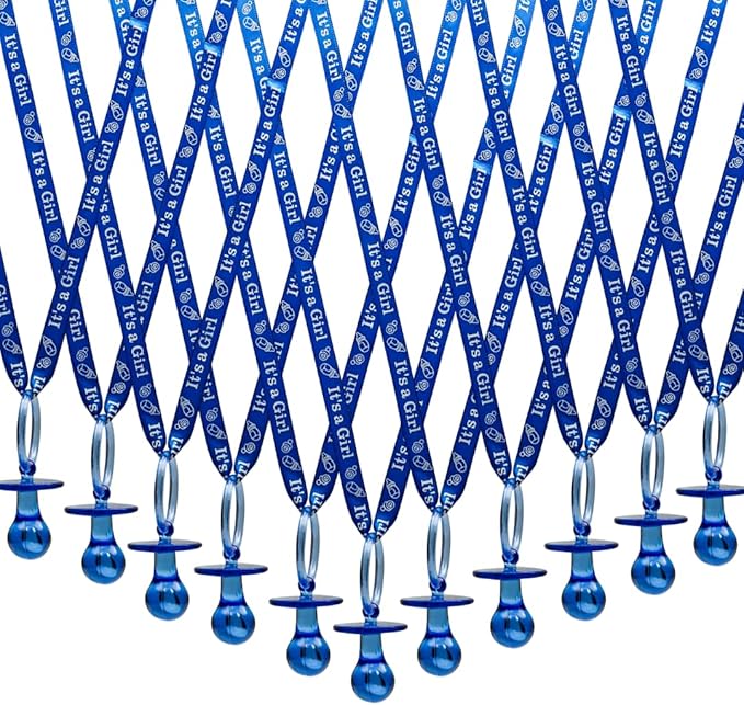 Lassos Boutique 36 Pieces It's a Girl Baby Shower Pacifiers Necklace Acrylic Baby Party Favors Charm Pacifiers Necklace Baby Shower Party Decorations Table Scatter (Royal Blue)