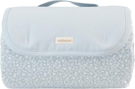 Toddlekind Premium Indoor/Outdoor Playmat & Picnic Blanket, Organic Quilted Cotton, Water-Resistant, Reversible Design, Spacious Play Mat for 6 People, Easy Roll-Up w/Carry Handle, Botanical Blue