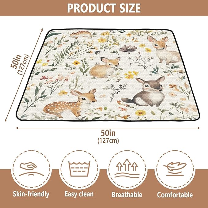 Baby Play Mat Vintage Woodland Animals Wildflowers 50 x 50 Playpen Mats for Floor Play Gym Crawling Mat Non-Slip Cushioned Baby Playmat for Infants, Babies, Toddlers