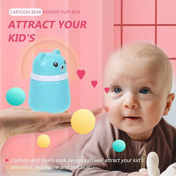 SOLUSTRE Puff Box Cartoon Baby Talcum Box Lovely Bear Shape Empty Box Baby Body Puff Sponge Box Case Container, Blue