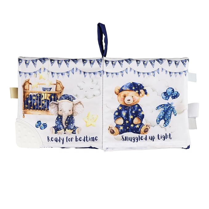 Ali+Oli Baby Cloth Book – Soft Sensory Crinkle Book with Teether for Infants 0-12 Months – Early Learning Touch & Feel Tummy Time Toy – Newborn Shower Gift for Boys & Girls - Good Night