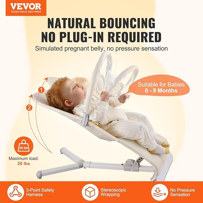 VEVOR Baby Bouncer, Folding Bouncer Seat for Babies 0-9 Months, Portable Baby Bouncer Seat with 2 Reclining Angles, Rotatable Toy Bar & Carrying Bag, Ideal for Indoors Outdoors, Beige
