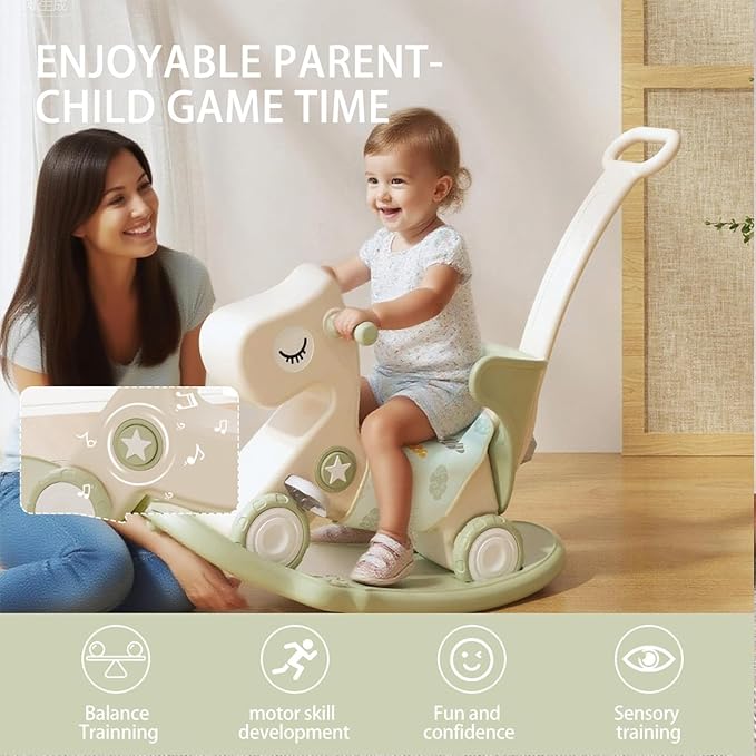 4-in-1 Rocking Horse Toy for Toddlers 1-3 | Plastic Push Walker with Balance Board & Wheels, Ride-On Rocker Gift for 1 Year Old Boys Girls(Green)