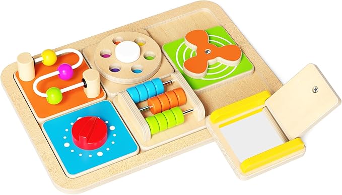 Montessori Busy Board for Toddlers 1-3, 6-in-1 Sensory Activity Cube, Fine Motor Skills Learning Toy with Bead Maze, Gears & Spinner, Quiet Travel Toy for 1 Year Old Boy and Girl Gifts