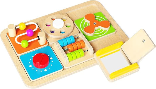 Montessori Busy Board for Toddlers 1-3, 6-in-1 Sensory Activity Cube, Fine Motor Skills Learning Toy with Bead Maze, Gears & Spinner, Quiet Travel Toy for 1 Year Old Boy and Girl Gifts