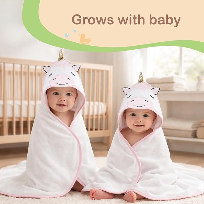 Mother's Choice 100% Organic Cotton Hooded Baby Towels - Large Size, Ultra-Soft & Absorbent Baby Towels with Hood for Newborns, Infants, Toddlers, Boys & Girls with Animal Hood (Unicorn)