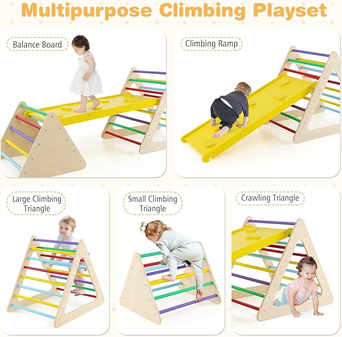 HONEY JOY Pikler Triangle Set, 5 in 1 Montessori Wooden Triangle Climber w/ 2 Stackable Ladders & Climbing Ramp, 3-Piece Baby Indoor Playground Jungle Gym, Climbing Toy for Toddlers, Colorful