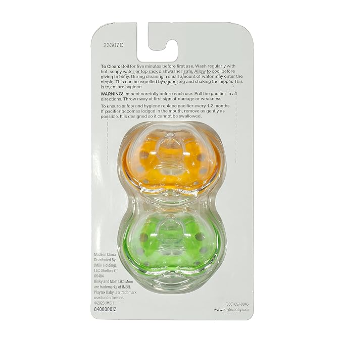 Playtex Baby Binky Orthodontic Pacifier with Snap-On Cover, Air Comfort Shield, Medical Grade Silicone, Up to 6 Months, Orange & Green (2 Count)