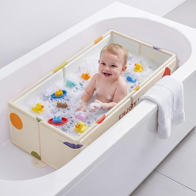 Collapsible Baby Bathtub for Newborn to Toddler, Foldable Toddler Bathtub with Drain Plug, Non-Slip Portable Infant Bath Tub for Travel Storage Outdoor Use, Pastel Dots Pink
